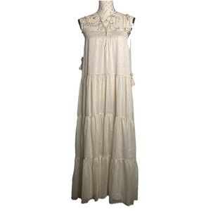 Storia Spaghetti Strap Maxi Dress Sz L Cream Floral V-Neck Boho Western Festival